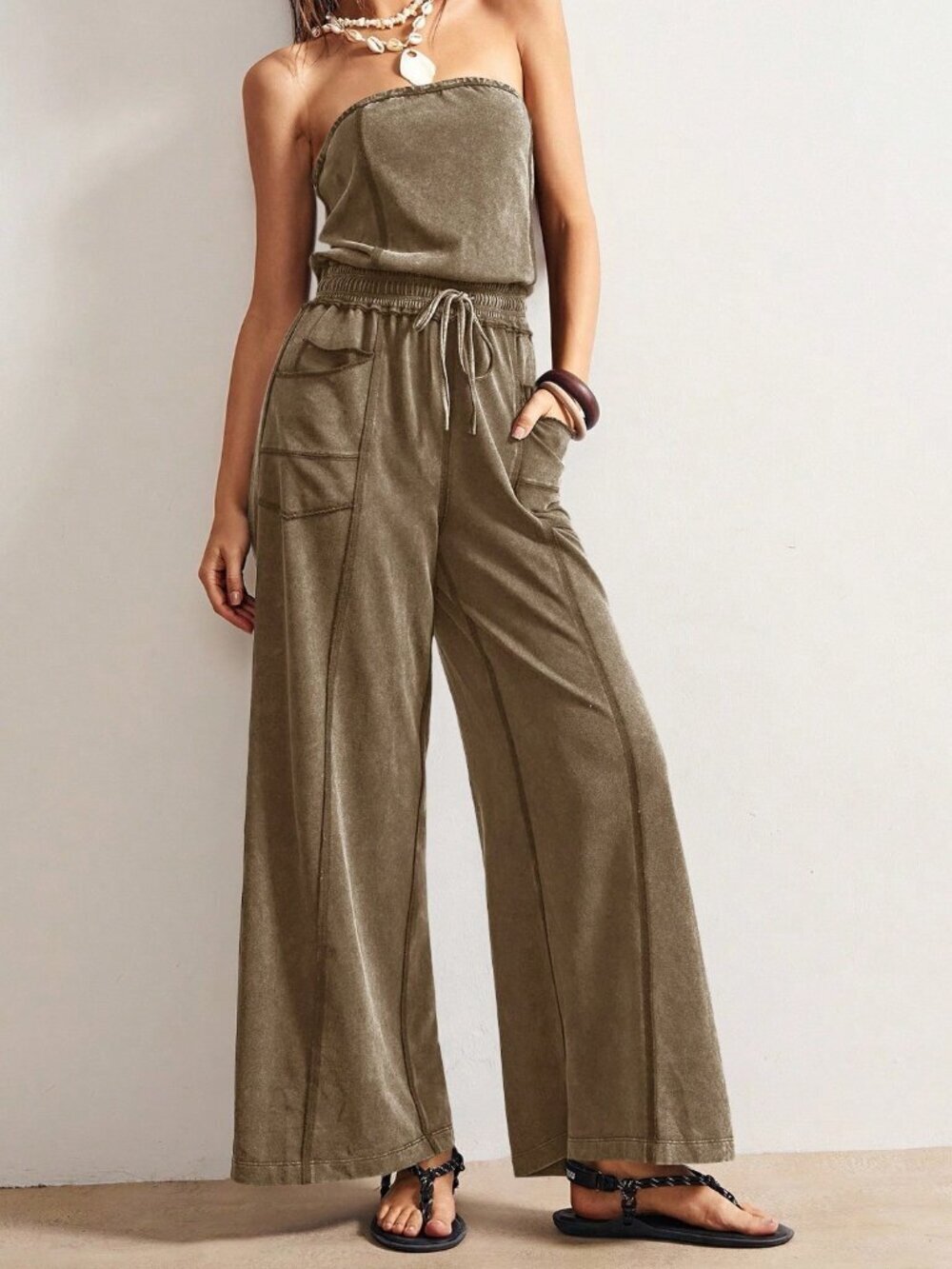 Brown Casual Women's Street Style Knit Drawstring Tube Top Jumpsuit